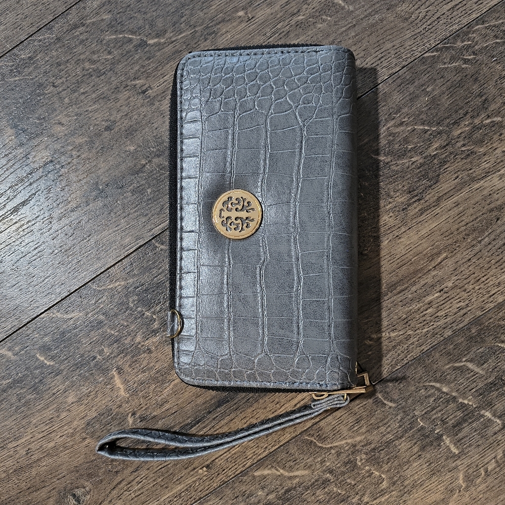 Gray Croc Embossed Wallet with Gold Accent